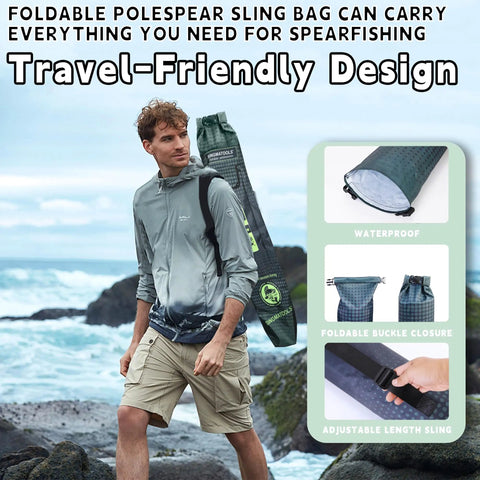 Man holding foldable sling bag for Rugged Seven Foot Aircraft Grade Aluminum Hawaiian Sling Pole Spear With Three Prong Stainless Tip Built For Serious Spearfishing Freediving Kayak Snorkeling And Scuba Gear Needs