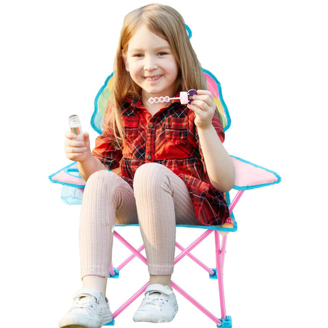 Child sitting on Ice Cream Themed Kids Folding Camp Chair With Cup Holder And Carry Bag Lightweight Portable Seat For Indoor And Outdoor Use