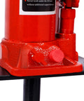 Close-up of red hydraulic pump base of Heavy Duty Six Ton Hydraulic Shop Press With A Frame Benchtop And Adjustable Garage Floor Design.