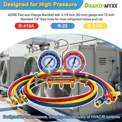 Test And Charge Manifold Kit With Three And One Eighth Inch Color Coded Gauge Brass Manifold, Seventy Two Inch Hoses, HVAC Gauges Set