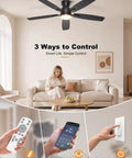 Sleek 52 Inch Low Profile Ceiling Fan In Matte Black With Bright SMD LED Lights Riding On A Dead Silent Reversible DC Motor Controlled Easy By Smart App Or Hand Held Remote in living room.