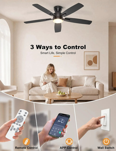 Sleek 52 Inch Low Profile Ceiling Fan In Matte Black With Bright SMD LED Lights Riding On A Dead Silent Reversible DC Motor Controlled Easy By Smart App Or Hand Held Remote in living room.