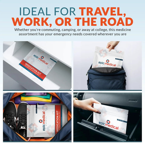 70 Unit Dose Medication Refill Pack For First Aid Kits Grab And Go Travel Office Dorm Camping Essential OTC Meds Including Pain Reliever Antacid Antihistamine Sinus Relief And Diarrhea Relief In A Compact USA Made Package shown in various travel settings.