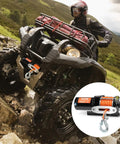 VEVOR 3500 Lb Electric Winch 12V DC For Boat Pickup Truck mounted on ATV with synthetic rope for off-road recovery.