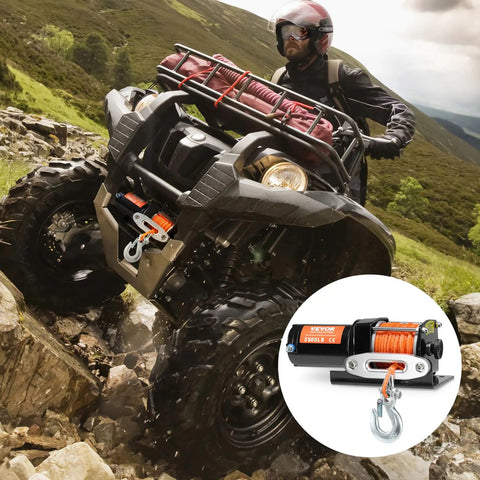 VEVOR 3500 Lb Electric Winch 12V DC For Boat Pickup Truck mounted on ATV with synthetic rope for off-road recovery.