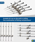 Wall And Ceiling Mounted Fishing Rod Holder Rack Holds Up To 10 Rods With 20 Hooks Space Saving Gear Organizer shown installed on ceiling and wall