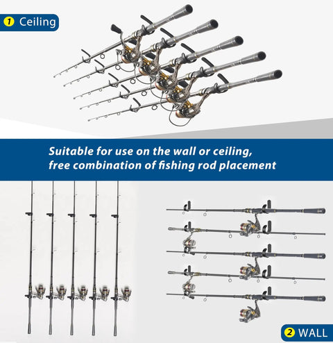 Wall And Ceiling Mounted Fishing Rod Holder Rack Holds Up To 10 Rods With 20 Hooks Space Saving Gear Organizer shown installed on ceiling and wall