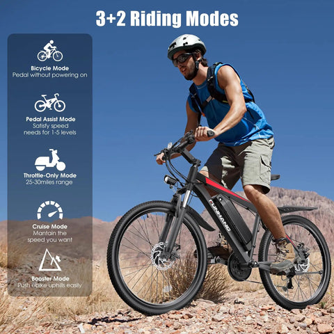 Trail-Ready 1000W Peak Electric Mountain Bike For Adults, 50 Mile Range, 20 MPH Max Speed, 26 Inch Wheels, 48V Removable Battery, Front Suspension, Fenders, 7 Speed, UL 2849 Certified, rider on rocky trail