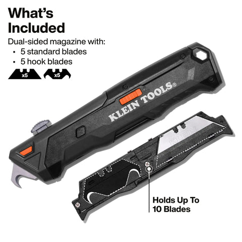 Auto Loading Retractable Utility Knife With Dual Sided 10 Blade Magazine opened with blades visible