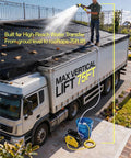 Heavy Duty Cordless Water Transfer Pump Delivers High Flow Rate And Smooth Operation On Standard Twenty Volt Batteries Tool Only, shown with spray nozzle at 75ft lift.