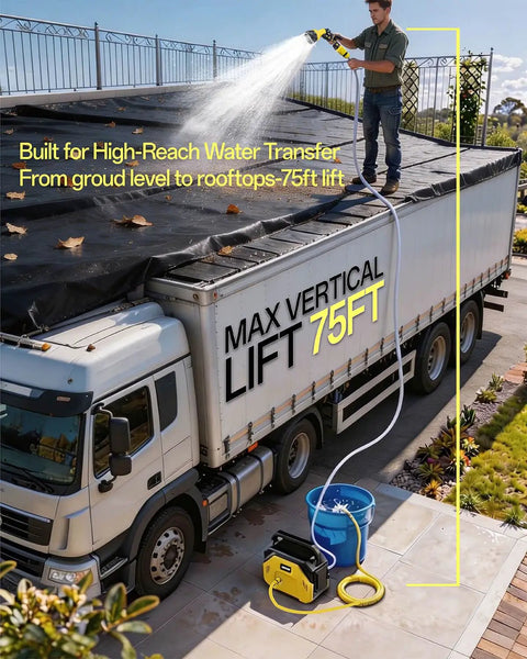 Heavy Duty Cordless Water Transfer Pump Delivers High Flow Rate And Smooth Operation On Standard Twenty Volt Batteries Tool Only, shown with spray nozzle at 75ft lift.