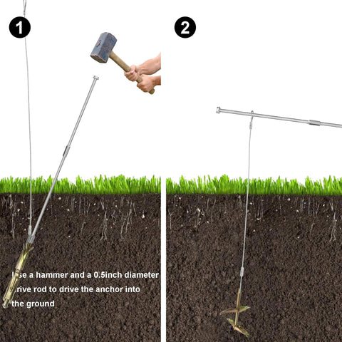 Illustration showing installation of 12 Pack Ground Earth Anchors With Drive Steel Tool 30 Inch Cable Hook Anchors One Eighth Inch For Sheds