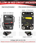Comparison of red and yellow 40 Amp Circuit Breaker with Manual Reset for DC 12 to 48V systems, dimensions labeled.