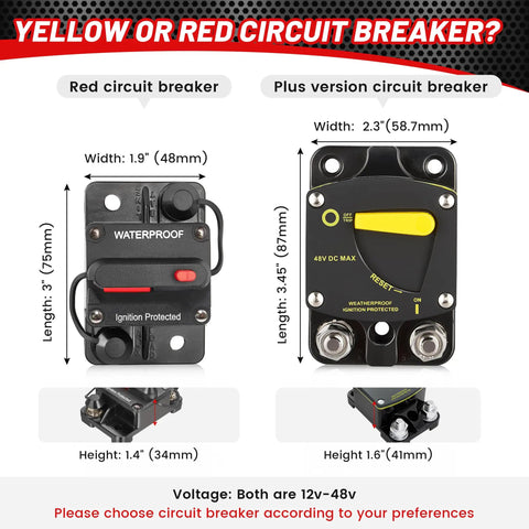 Red and black 30 Amp DC Circuit Breaker with Manual Reset for Car Audio, RV, Marine, Boat, Truck, Trolling Motors, and Solar Power.