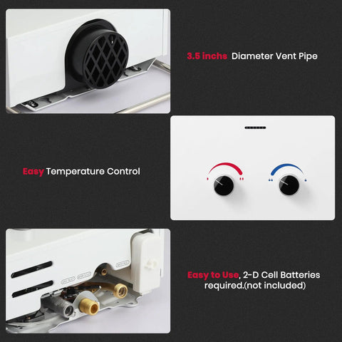 Details of Portable Propane Tankless Water Heater For RV And Camping, highlighting vent pipe, controls, and battery compartment