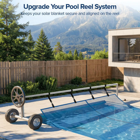 Heavy Duty Universal Pool Solar Cover Strap Kit Ten Sets Rock Solid Blanket Attachment Clips on a pool reel in a scenic yard.