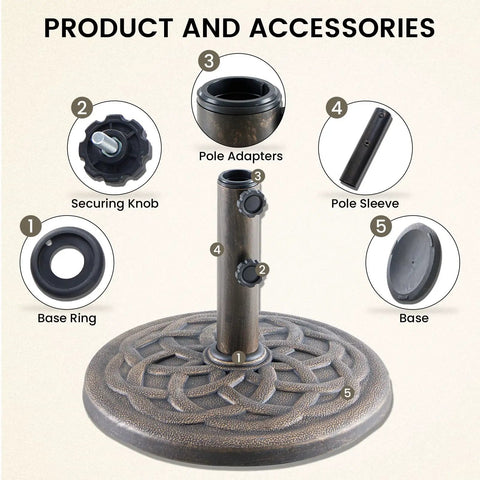 Diagram showing Beefy 22 Pound Heavy Duty Outdoor Umbrella Base With Weather Resistant Resin, Rust Proof Coating And Bronze Finish parts.