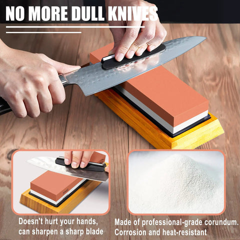 Person sharpening knife on Pro Whetstone Knife Sharpening Stone Set With 4 Sided Grit 400 To 1000 And 3000 To 8000