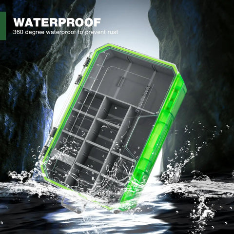 Waterproof Fishing Tackle Box With 3600 And 3700 Trays, Removable Dividers, green plastic storage box in splashing water