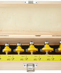 Straight Up Woodworking Essential Knockout Round Over Edge Router Bit Set Featuring Top Shelf Tungsten Carbide Blades in wooden case.