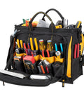 18 Inch Multi Compartment Tool Carrier With 1680D Ballistic Polyester, open fold-down, tools displayed, two zip pockets
