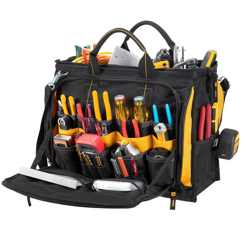 18 Inch Multi Compartment Tool Carrier With 1680D Ballistic Polyester, open fold-down, tools displayed, two zip pockets