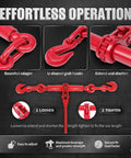 Effortless operation of Beefy Four Pack Ratchet Chain Load Binders for 1/4-5/16 inch chains, heavy duty, easy to adjust, secure