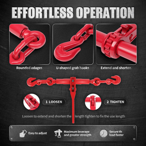 Effortless operation of Beefy Four Pack Ratchet Chain Load Binders for 1/4-5/16 inch chains, heavy duty, easy to adjust, secure
