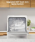 Compact Countertop Dishwasher With Built In Water Softener And Smart Eco Mode For Zero Hassle Cleaning and Spotless Dishes display with 360° spray system.