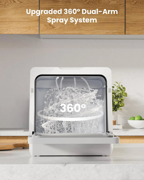 Compact Countertop Dishwasher With Built In Water Softener And Smart Eco Mode For Zero Hassle Cleaning and Spotless Dishes display with 360° spray system.