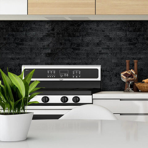 Kitchen with 10 Sheet Peel And Stick Backsplash Subway Tile For Kitchen And Bathroom Metal Embossed Bright Black Aluminum Composite 3D Wall Tile No Grout Easy Install DIY Friendly behind stove.