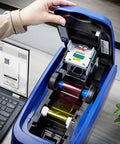 Hella Fast Dual Side ID Card Printer For Tough PVC Badges Staff IDs Class Passes And Membership Tags, interior view with color ribbons.