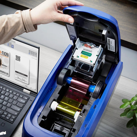 Hella Fast Dual Side ID Card Printer For Tough PVC Badges Staff IDs Class Passes And Membership Tags, interior view with color ribbons.