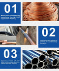 AMZCNC CT-300 hydraulic tube expander kit collage showing copper coil, welded copper pipe, and metal tubes