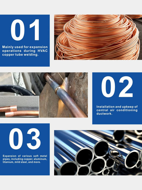 AMZCNC CT-300 hydraulic tube expander kit collage showing copper coil, welded copper pipe, and metal tubes
