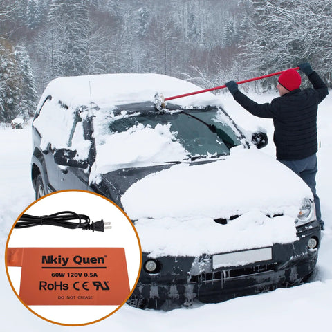 Automotive Silicone Battery Heater Pad With Smart Thermostatic Control And Uniform Heating Wires to warm car battery in snow-covered landscape.