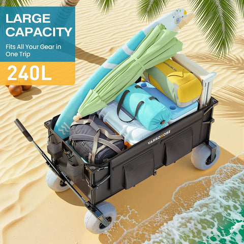 Beach Wagon With Balloon Wheels For Sand, 240L Collapsible Wagon filled with beach gear, black 600D Oxford fabric, on sandy beach