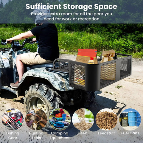 Heavy Duty Rear Cargo Basket For ATV And UTV Detachable Steel Mesh Drop Rack Black Powder Coated Rust Resistant Universal Trail Ready Sling Your Gear No Sweat