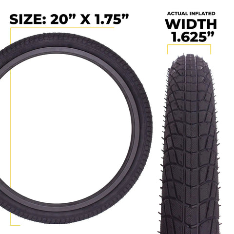 20 Inch Bike Tire Replacement Kit With Tools For Kids And BMX Bikes Fits 20x1.75 Tubes Tires Rims Front Or Rear Wheels Includes Essential Tire Tools 1 Pack Or 2 Pack No Tube Option Upgrade From Stock Parts showing tire dimensions and profile view