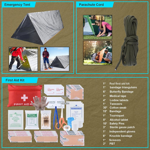 251 Essentials Survival Gear Kit With Crossbody Bag All In One Emergency First Aid And Outdoor Gear For Earthquakes Hiking Camping And Adventure A Prepper Grade Gift For Men And Women This Christmas, showing emergency tent, parachute cord, and first aid supplies.