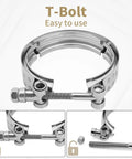 Close-up of 3 Inch V Band Clamp Kit Four Pack For Exhaust Systems With 304 Stainless Steel T Bolt Flanges Male And Female Adapters