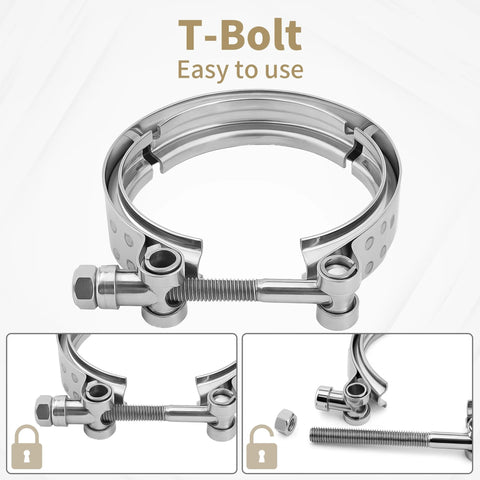 Close-up of 3 Inch V Band Clamp Kit Four Pack For Exhaust Systems With 304 Stainless Steel T Bolt Flanges Male And Female Adapters