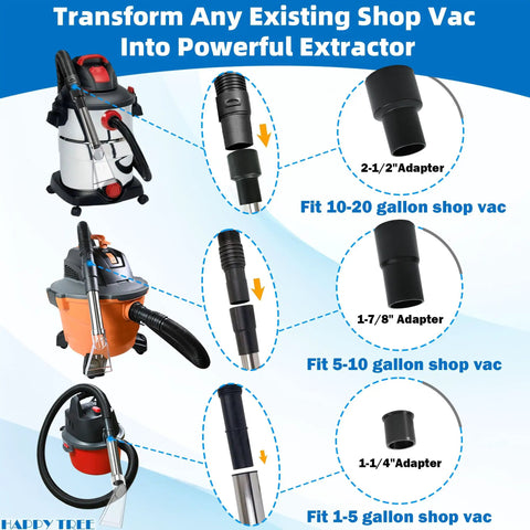 Diagram showing Must Have All In One Universal Shop Vac Adapter Kit Fits Most One To Twenty Gallon Vacs for various sizes.