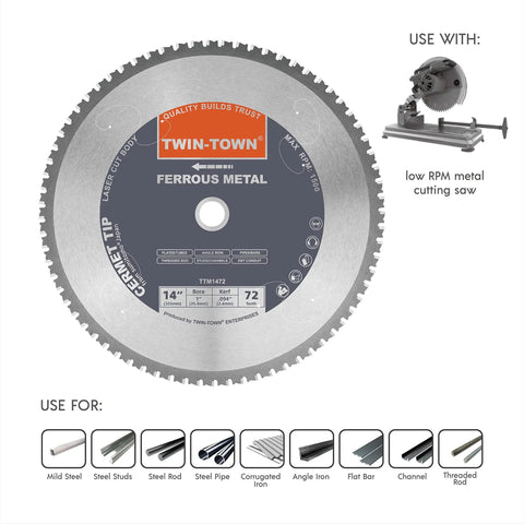 14 Inch Dry Cut Metal Saw Blade For Steel And Ferrous Metals 72 Teeth Cermet Blade With 1 Inch Arbor Low RPM Delivers Clean Fast Cuts Through Mild Steel Pipe Angle Iron Tube And Channels Built Tough