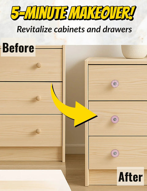 Image showing before and after of dresser transformation using Pink Ceramic Drawer Knobs 12 Piece Set With Floral Cabinet Pulls.