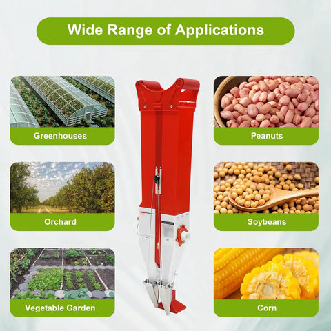 Handheld Seed Planter And Fertilizer Spreader For Home Garden Adjustable Seed Rate And Depth No Bending Seeding displayed with crops