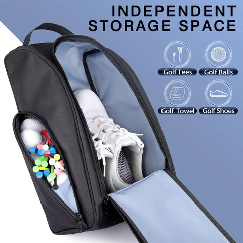 Golf Shoe Bag With Zipper Pocket And Padded Carry Strap For Easy On The Go Golf Gear, Breathable Sailcloth Shoe Case With Side Accessory Pocket, Ventilated Odor Control, Durable Travel Bag For Shoes And Accessories showing open zipper with golf balls and tees in side pocket.