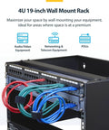 Heavy Duty 4U Wall Mount Network Rack Featuring No Sweat Assembly For Shallow Servers Switches And Patch Panels With Clean Cable Clearance and rock solid 44 pound hold in matte black, showcasing organized cables.