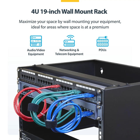 Heavy Duty 4U Wall Mount Network Rack Featuring No Sweat Assembly For Shallow Servers Switches And Patch Panels With Clean Cable Clearance and rock solid 44 pound hold in matte black, showcasing organized cables.