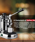Top Tier Lever Espresso Machine With 38 Ounce Solid Brass Boiler And Dual Frothing System Chrome Finish For Legit Barista Level Pulls Built Tough Made In Italy on wooden surface.
